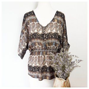 Logix Flowy Floral Blouse Paisley Earth Tone Fall Colors Elastic Waist V Neck